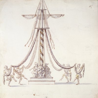 Diseño de escenario para un ballet con marineros bailando alrededor de un mástil, de una colección titulada Les Menus Plaisirs du Roi de French School
