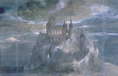 Diseño de escenario para una producción de Hamlet (Acto Uno) en la Comédie Française, 1884 de French School