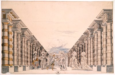 Diseño de escenario para una obra no identificada, tomado de una colección titulada Menus Plaisirs du Roi de French School