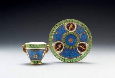 Taza y platillo con asas de Sevres bleu celeste y fondo verde pálido, 1790 de French School
