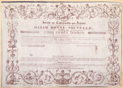 Certificado de Acción por 500 francos para el Bazar Bonne-Nouvelle, 1836 de French School