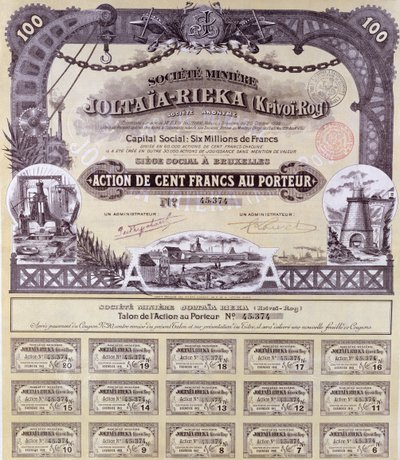 Certificado de acciones por 100 francos para la compañía minera franco-rusa Joltaia-Rieka, 1899 de French School