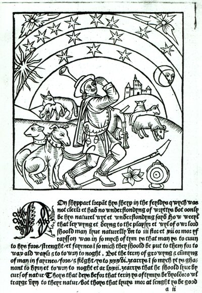 Pastor bajo Sol, Luna y Estrellas, de un Calendario de Pastores de French School