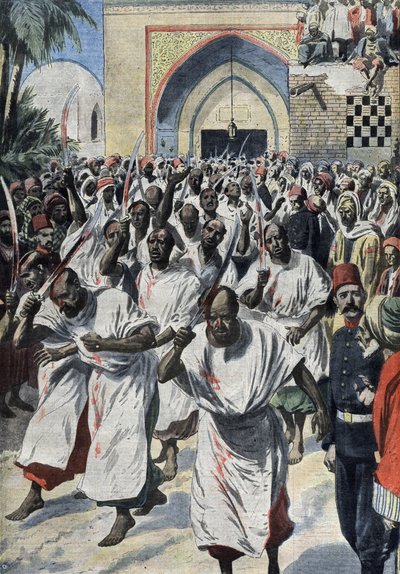 Musulmanes chiítas en peregrinación a Karbala (Irak), en la tumba de Husayn - Le Petit Journal, abril de 1909 (grabado) de French School