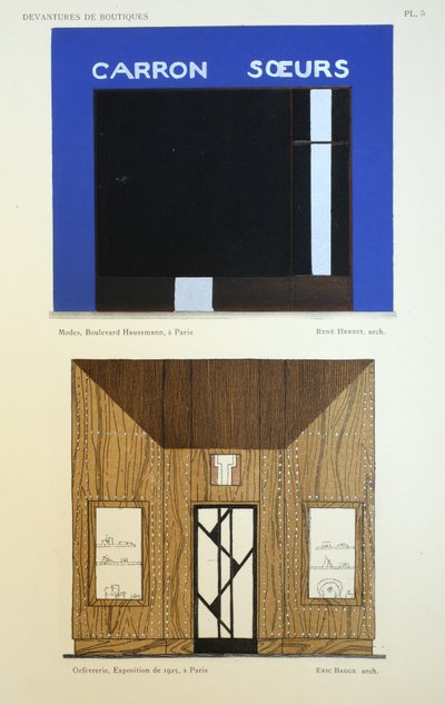 Frentes de tiendas, ilustración de Devantures de Boutiques por Louis-Pierre Sezille, París, 1927 de French School