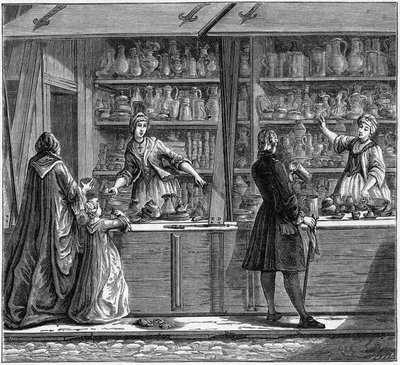 Tienda de un hojalatero en el siglo XVIII. Grabado en “La Marine et les colonies: commerce” de French School