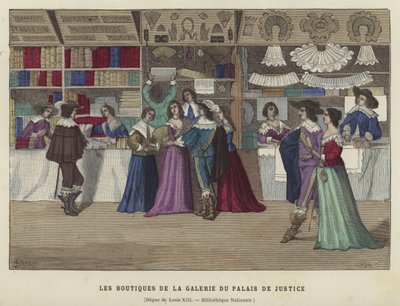 Tiendas en la Galerie du Palais de Justice, París, reinado de Luis XIII, siglo XVII de French School