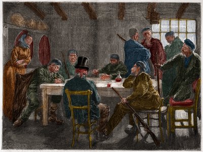 Mafia siciliana en el siglo XIX: Interrogatorio de un terrateniente abrogado por mafiosos sicilianos en 1873. Grabado de 1873 de French School