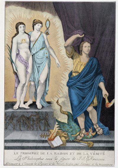 Siglo de las Luces: "El Triunfo de la Razón y la Verdad": bajo la figura de Jean Jacques Rousseau, la Filosofía descubre al universo la Razón y la Verdad, veladas por el error y la mentira representadas por un dragón y los atributos del papado de French School