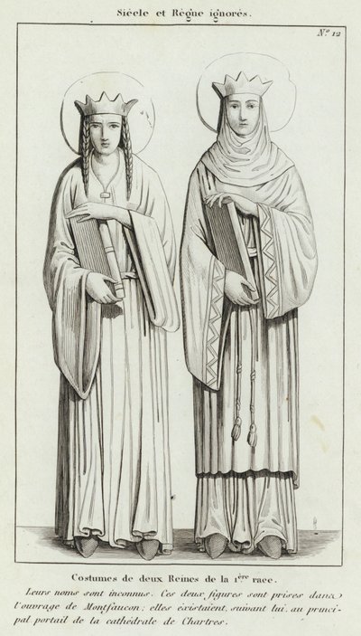 Siglo y Reinado desconocidos, Trajes de dos Reinas de la Primera Raza (grabado) de French School