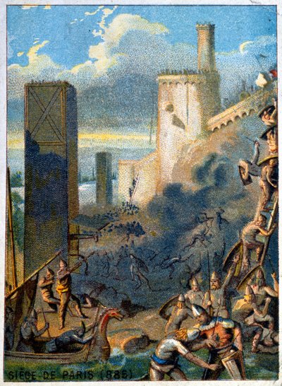 Asedio de París (885) por los normandos (vikingos). Cromolitografía de la Serie 