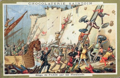 Asedio de París por los normandos en el siglo IX, publicidad para Chocolaterie Saintoin, c.1900 de French School