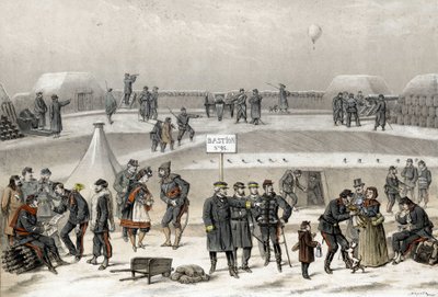 Sitio de París en 1870 durante la guerra de 1870-1871. Los soldados preparan la defensa de la ciudad: se puede ver a un soldado en el búnker. de French School