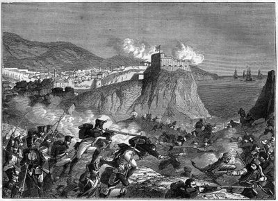 Sitio de Ragusa (República de Ragusa) (Ragusa en croata Dubrovnik) durante las Guerras Napoleónicas en mayo y junio de 1806 (campaña de Dalmacia por el General Molitor y Lauriston) - en “History of the empire following the history of the consulate” de Adol de French School