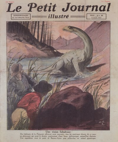 Avistamiento de un Plesiosaurio en Patagonia, ilustración de portada de Le Petit Journal, 9 de abril de 1922 de French School