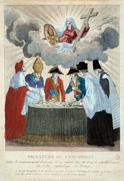 Firma del Concordato de 1801 el 15/07/1801: se firma entre el gobierno francés (aquí representado por Joseph Bonaparte) y la Santa Sede (representada por el Cardenal Consalvi para el Papa Pío VII). 1801 París, Museo Carnavalet de French School