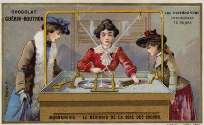 Fabricación de seda. Hilando las fibras en un carrete de French School