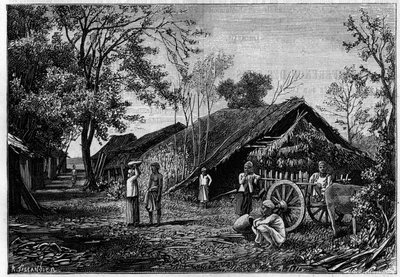 Producción de seda en un pueblo en las cercanías de Mandalay, Birmania, donde los gusanos de seda hilaron su algodón. (De una fotografía del Conde Mahe de La Bourdonnais). Grabado en "La Nature: revue des sciences et de leurs aplicaciones aux arts et a l