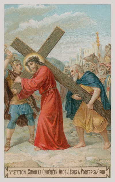 Simón de Cirene ayuda a Jesús a llevar la cruz. La quinta estación de la cruz de French School
