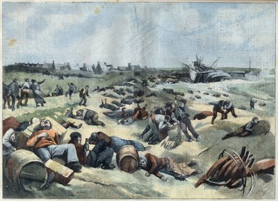 Naufragio en la isla de Wight: saqueo de un ladrillo francés cargado de vinos por los habitantes de la isla, en "Le Petit Parisien" de French School