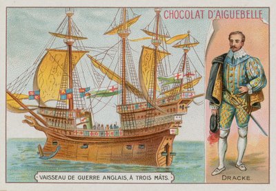 Sir Francis Drake y un barco de guerra inglés de tres mástiles de French School