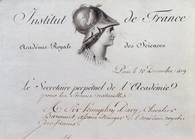 Certificado de Membresía de Sir Humphry Davy (1778-1829) al Institut de France, 10 de diciembre de 1819 de French School