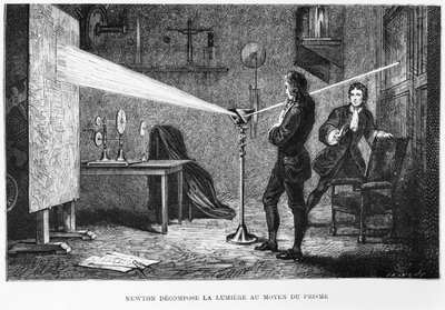 Sir Isaac Newton (1642-1727) descomponiendo la luz a través de un prisma, ilustración de La Vie des Savants Illustres por Louis Figuier, 1868 de French School