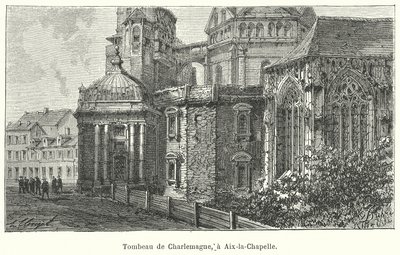 Sitio de la tumba del emperador Carlomagno, Catedral de Aquisgrán, Alemania (grabado) de French School