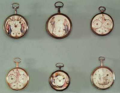 Seis relojes de bolsillo decorados con símbolos revolucionarios (metal y esmalte) de French School