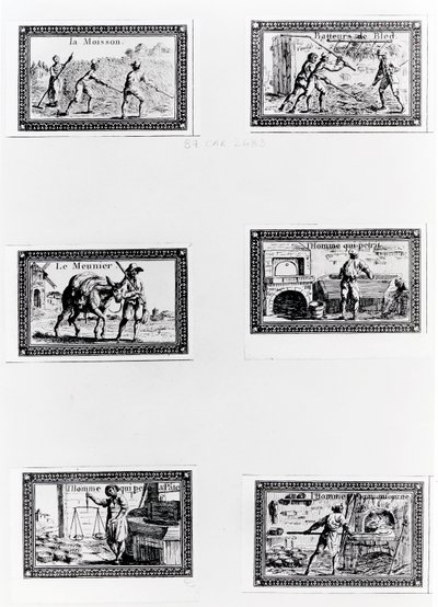 Seis viñetas que representan la elaboración del pan de French School
