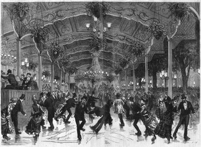 Pista de patinaje en Bullier. Pista para bailar en patines en Bal Bullier en París. Grabado en "El Universo Ilustre" de French School