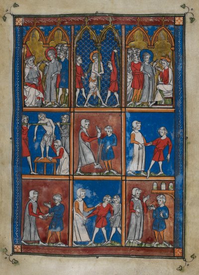 Sloane MS 1977 fol.6r Nueve miniaturas que muestran escenas bíblicas y médicas. Arriba, Cristo ante Caifás y Pilatos; la flagelación. Centro y abajo, médicos que tratan a pacientes con huesos rotos y otras dolencias de French School