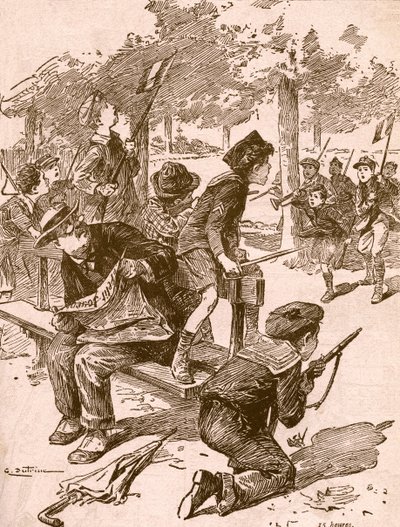 Niños pequeños jugando a juegos de guerra en Francia durante la Primera Guerra Mundial. De la Agenda Buvard du Bon Marche publicada en 1917. de French School