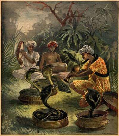 Encantadores de serpientes (cobras) en India. Grabado en “La Terre Illustrée” n°94 del 18 de agosto de 1892. de French School