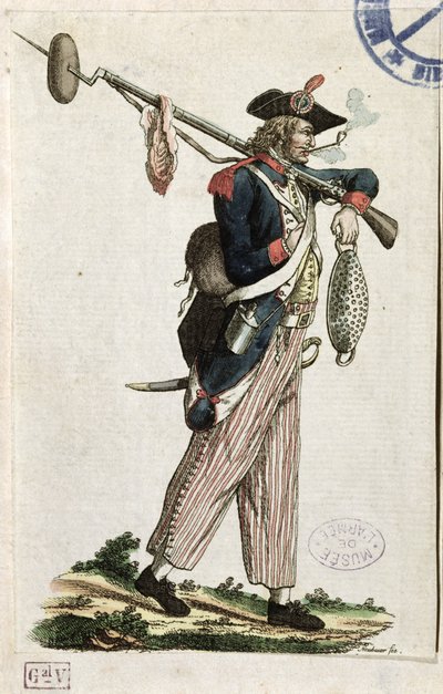 Soldado de la Revolución Francesa llevando una bayoneta a la que está atado un pan y un trozo de carne: L