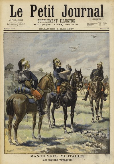 Soldados usando palomas mensajeras en maniobras militares, Soissons, Francia de French School