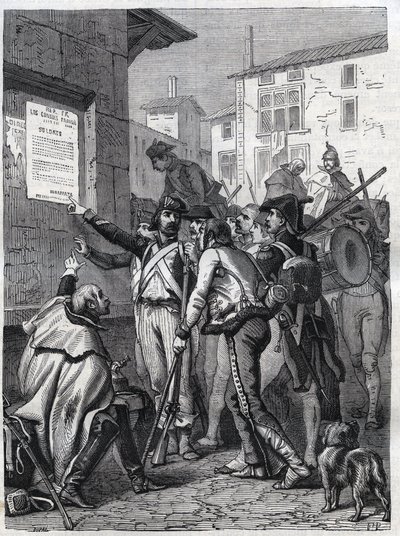 Soldados, vuestras necesidades son grandes: soldados franceses leyendo la proclamación del General Bonaparte en noviembre de 1799 - Grabado de 1865 en Histoire du Consulat et de l