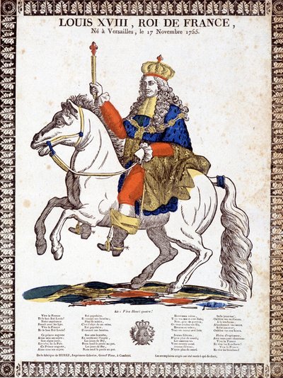 Canción en honor al rey de Francia Luis XVIII, ilustrada con un retrato ecuestre del rey (grabado) de French School
