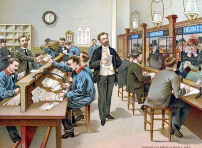 Clasificación del correo en una oficina de correos parisina, ilustración de un calendario de correos, 1904 de French School