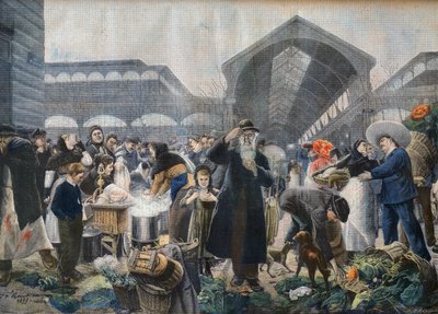 Puesto de sopa en el mercado de Les Halles por la mañana, ilustración de 
