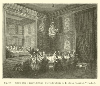 Cena en casa del príncipe de Conti; según el cuadro de B. Olivier, galería de Versalles de French School