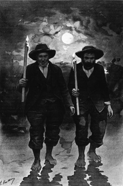Fuente y enfermo: dos hombres, una noche de luna llena, cada uno sosteniendo una vela y caminando descalzos (¿procesión?) - en “Journal des voyages” de French School