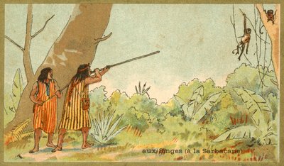 Indios sudamericanos cazando monos con cerbatanas de French School