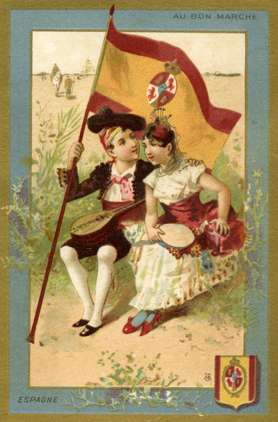 Niño y niña españoles, de una serie de ilustraciones de niños de diferentes países, producidas como tarjetas promocionales para los Grandes Almacenes Bon Marché en París, c.1890 de French School