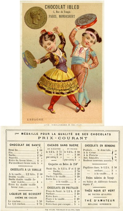 Niños españoles bailando con panderetas hechas de pesetas, de una serie de tarjetas promocionales sobre monedas en diferentes países, publicada en París por Vieillemard para uso de Chocolat Ibled, 1886-95 de French School