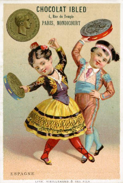 Niños españoles bailando con panderetas hechas de pesetas, de una serie de tarjetas promocionales sobre monedas en diferentes países, publicada en París por Vieillemard para uso de Chocolat Ibled, 1886-95 de French School