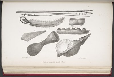 Lanzas y utensilios de la isla de Radak, de Pintoresco viaje alrededor del mundo, con retratos de salvajes de América, Asia, África y las islas del Gran Océano; paisajes, vistas al mar y varios objetos de historia natural; C.A de French School