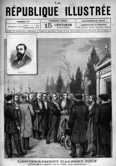 Discurso de Leon Gambetta (1838-1882) en el entierro del diputado Albert Joly (1844-1880) en el cementerio de Versalles. Grabado de 1880 en “La republique illustree” colección privada. de French School