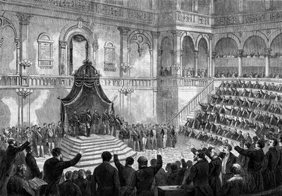 Discurso del Rey de Italia Víctor Manuel II (Vittorio Emanuele) (1820-1878) en la apertura de la sesión de los estados italianos en el parlamento de Turín de French School