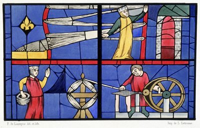Taller de hilado. Facsímil de los vitrales de la Catedral de Amiens en Historia de la pintura sobre vidrio por Ferdinand de Lasteyrie de French School